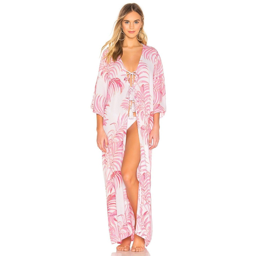 Tularosa Maxi‎ Duster Womens Size M Pink Palm Print Tassel Tie Kaftan